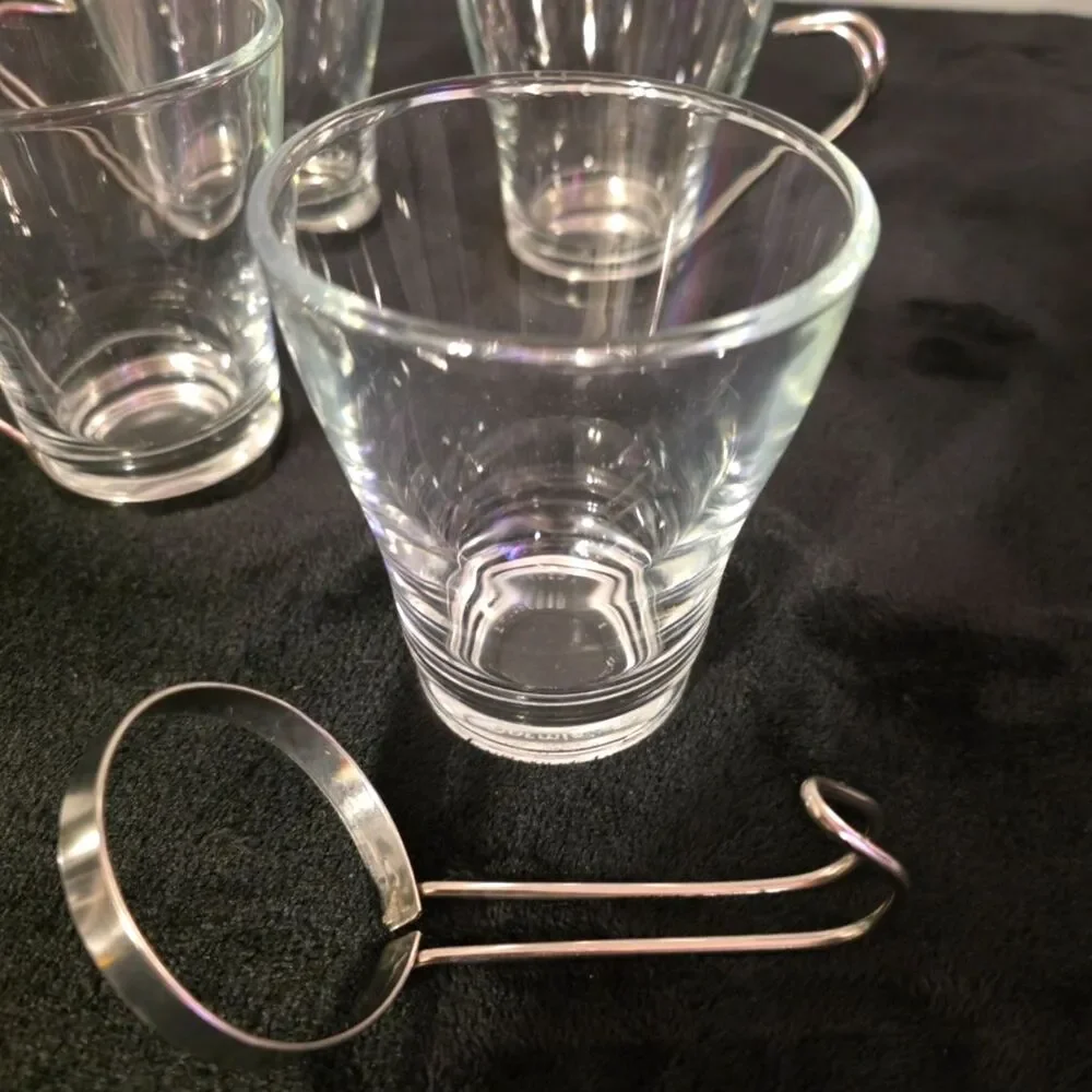 Bormioli Rocco Glass Espresso Coffee Tea Cup Stainless Steel Handle Set of 4